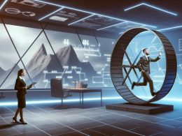 Modernes politisches Büro mit großem Hamsterrad: Ein Politiker im Anzug läuft darin, ein Berater hält ihm einen Vertrag entgegen. Im Hintergrund sind leuchtende Zahlen, Diagramme und Aktenberge sichtbar.