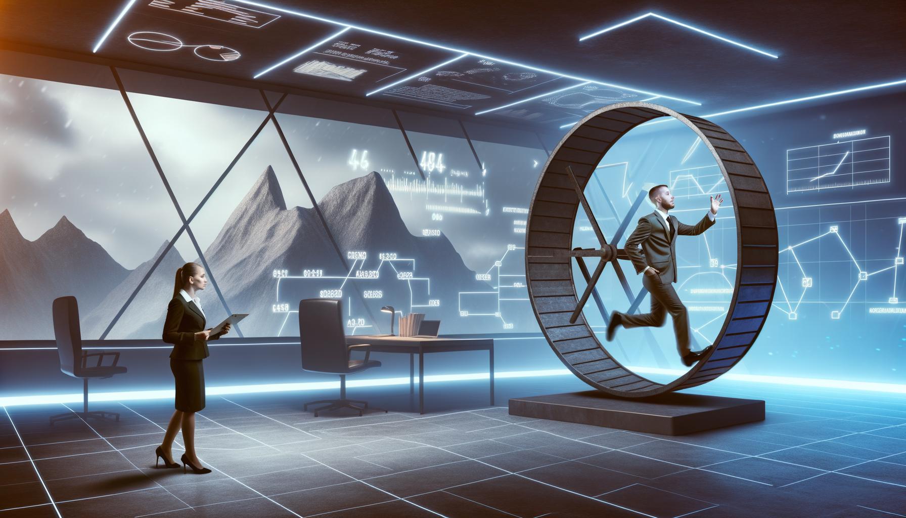 Modernes politisches Büro mit großem Hamsterrad: Ein Politiker im Anzug läuft darin, ein Berater hält ihm einen Vertrag entgegen. Im Hintergrund sind leuchtende Zahlen, Diagramme und Aktenberge sichtbar.