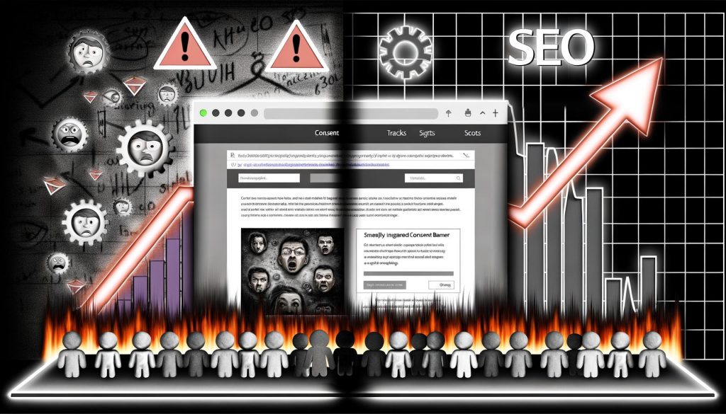 Zweiteilige digitale Grafik: Links ein blockierendes, schlechtes Consent-Banner mit frustrierten Usern, rechts eine moderne Website mit dezenter Zustimmungseinholung, zufriedenen Usern und steigendem Google-Ranking.