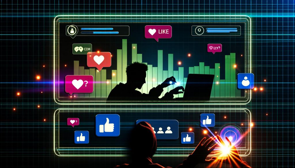 Stilisiertes Laptop-Interface mit Neon-Akzenten, Pop-Ups, Like-Buttons, steigenden Statistiken, Badges, Levels und schemenhaften Nutzer-Avataren in urbaner Digitalästhetik.