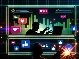 Stilisiertes Laptop-Interface mit Neon-Akzenten, Pop-Ups, Like-Buttons, steigenden Statistiken, Badges, Levels und schemenhaften Nutzer-Avataren in urbaner Digitalästhetik.