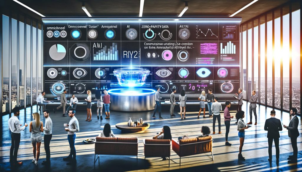 Futuristisches Büro mit vielfältigem Marketingteam, das um eine digitale Anzeige mit KI-, Zero-Party-Data- und Omnichannel-Analytics debattiert.