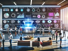 Futuristisches Büro mit vielfältigem Marketingteam, das um eine digitale Anzeige mit KI-, Zero-Party-Data- und Omnichannel-Analytics debattiert.