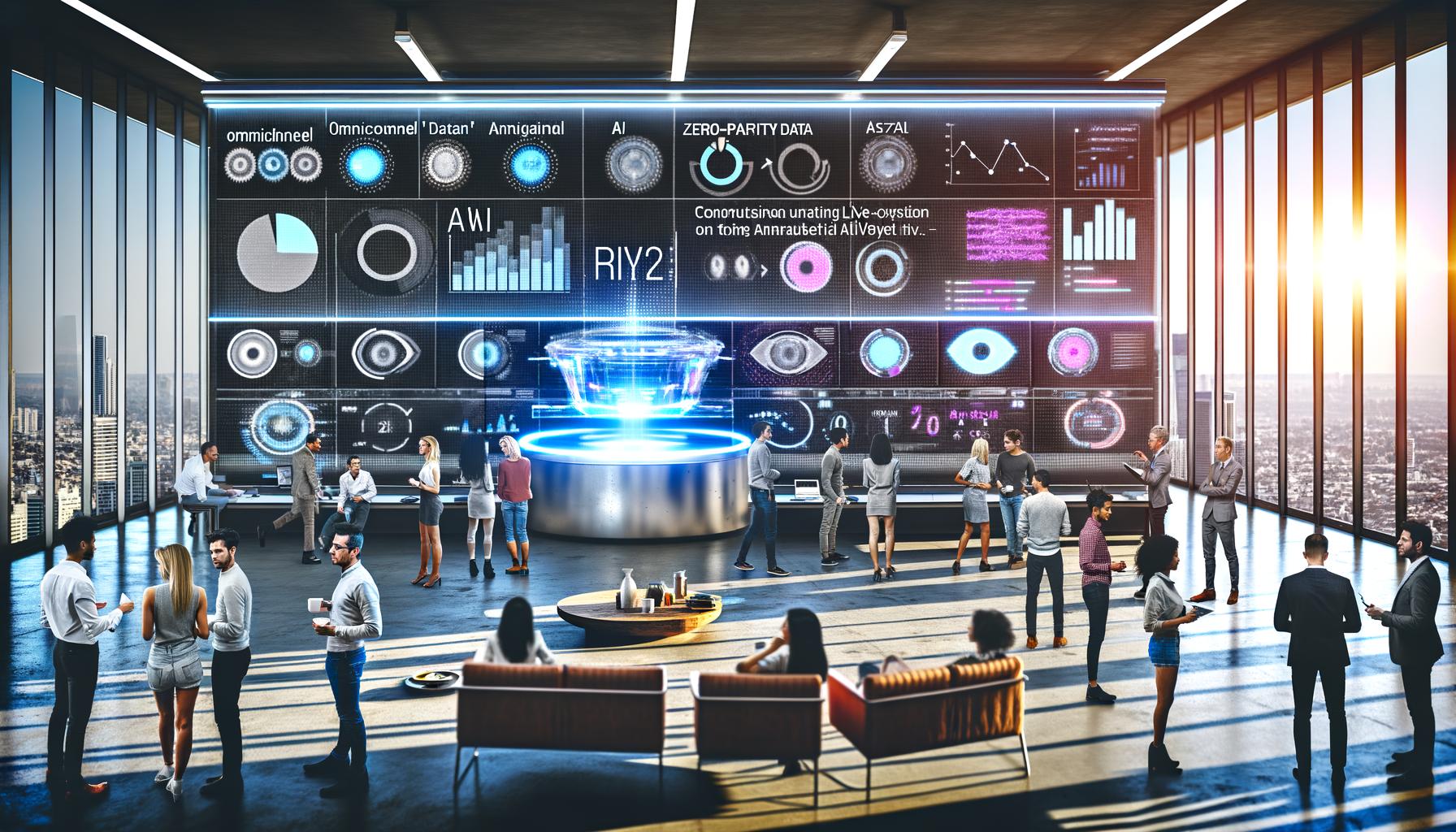 Futuristisches Büro mit vielfältigem Marketingteam, das um eine digitale Anzeige mit KI-, Zero-Party-Data- und Omnichannel-Analytics debattiert.