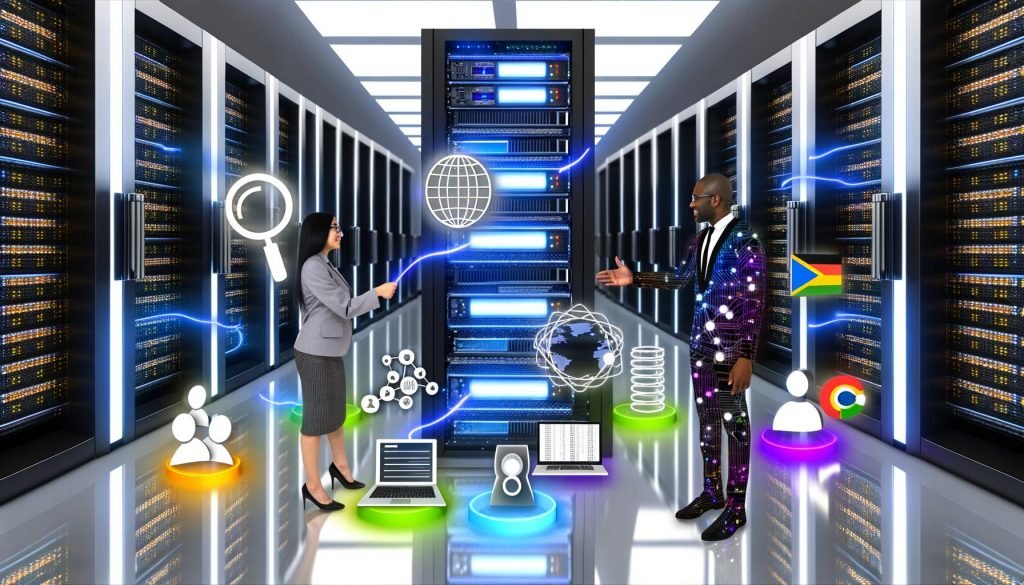 Stylisierte Illustration eines modernen Serverraums mit Serverracks, leuchtenden Netzwerkkabeln, digitalen Bildschirmen und zwei Menschen, die sich vor einem Reverse-Proxy-Server die Hand geben, umgeben von SEO- und globalen Symbolen.