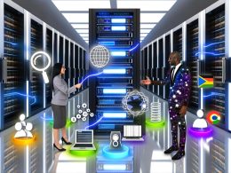 Stylisierte Illustration eines modernen Serverraums mit Serverracks, leuchtenden Netzwerkkabeln, digitalen Bildschirmen und zwei Menschen, die sich vor einem Reverse-Proxy-Server die Hand geben, umgeben von SEO- und globalen Symbolen.