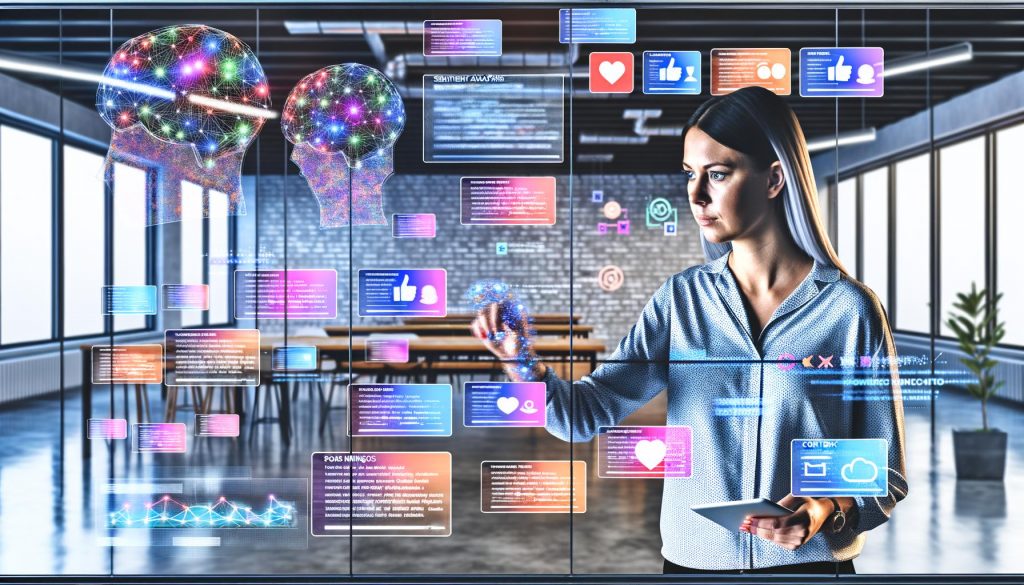 Marketer analysiert an großer Touchscreen-Wand im futuristischen Büro Echtzeitdatenströme mit Icons für Likes, Kommentare, Klicks, Shares und Emojis; holographische KI-Visualisierung im Vordergrund.