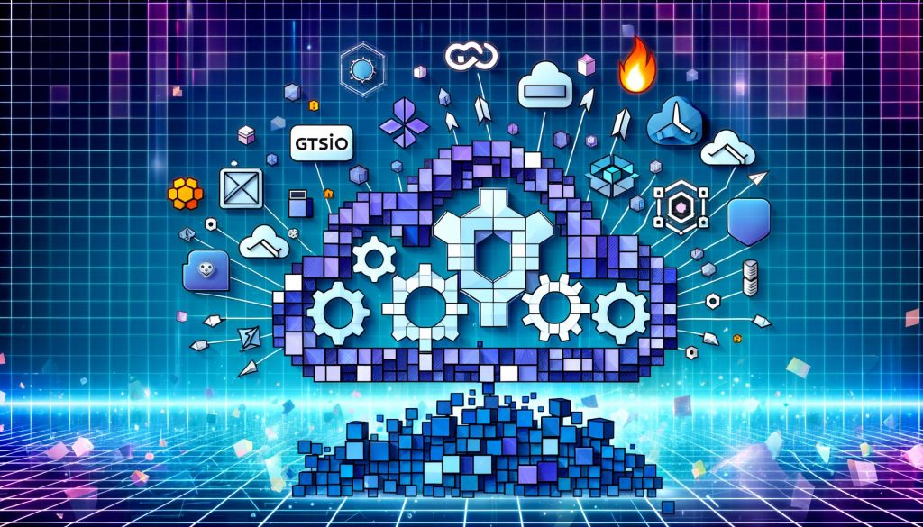 Stilisierte Grafik eines modernen Cloud Native Ökosystems mit Icons für Kubernetes, Docker, Istio, Argo, Prometheus, Grafana, Helm und Terraform, eingebettet in ein digitales, leuchtendes Netzwerk.