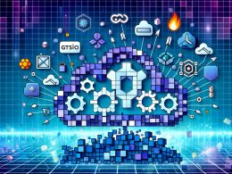 Stilisierte Grafik eines modernen Cloud Native Ökosystems mit Icons für Kubernetes, Docker, Istio, Argo, Prometheus, Grafana, Helm und Terraform, eingebettet in ein digitales, leuchtendes Netzwerk.
