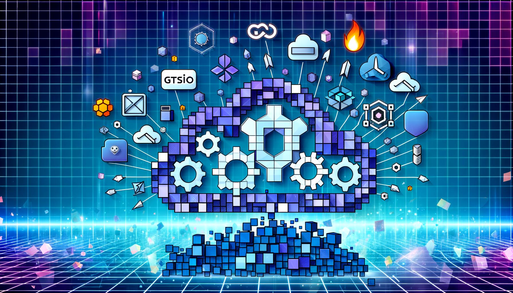 Stilisierte Grafik eines modernen Cloud Native Ökosystems mit Icons für Kubernetes, Docker, Istio, Argo, Prometheus, Grafana, Helm und Terraform, eingebettet in ein digitales, leuchtendes Netzwerk.