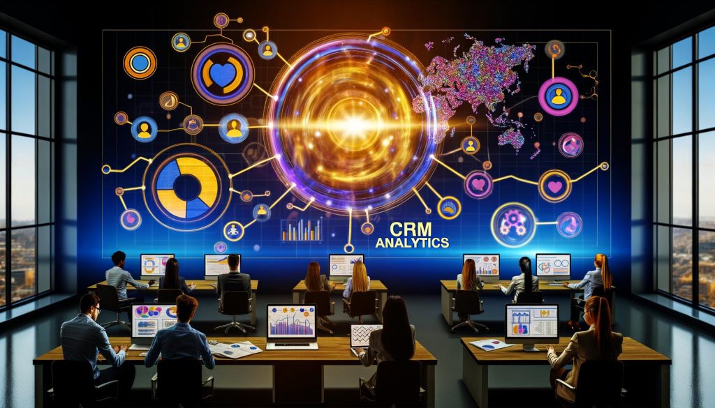 Modernes, lebendiges Büro mit Teams an Laptops und Dashboards, großen Bildschirmen voll Datenvisualisierungen, im Zentrum ein leuchtendes CRM-Analytics-Herz als verbindender Knotenpunkt zwischen Abteilungen.