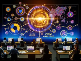 Modernes, lebendiges Büro mit Teams an Laptops und Dashboards, großen Bildschirmen voll Datenvisualisierungen, im Zentrum ein leuchtendes CRM-Analytics-Herz als verbindender Knotenpunkt zwischen Abteilungen.