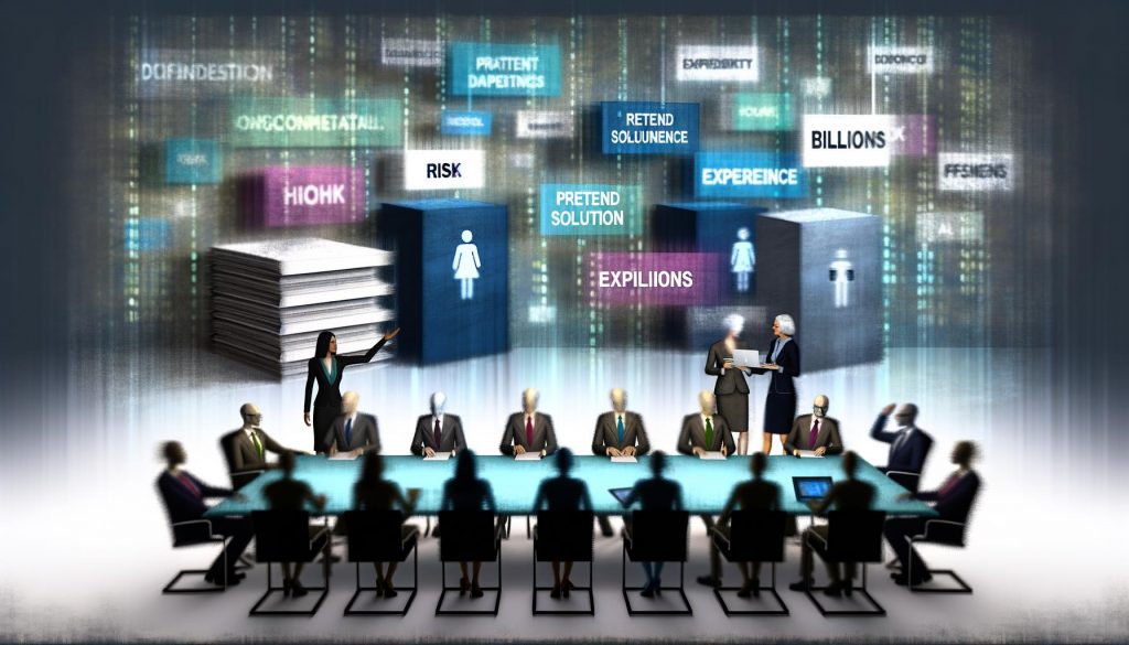 Politiker sitzen an einem langen Tisch und wirken überfordert, während elegante Berater ihnen dicke Aktenmappen, PowerPoint-Folien und Tablets zuschieben. Im Hintergrund türmen sich Aktenstapel mit dem Aufdruck ‚Expertise‘.