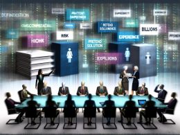 Politiker sitzen an einem langen Tisch und wirken überfordert, während elegante Berater ihnen dicke Aktenmappen, PowerPoint-Folien und Tablets zuschieben. Im Hintergrund türmen sich Aktenstapel mit dem Aufdruck ‚Expertise‘.