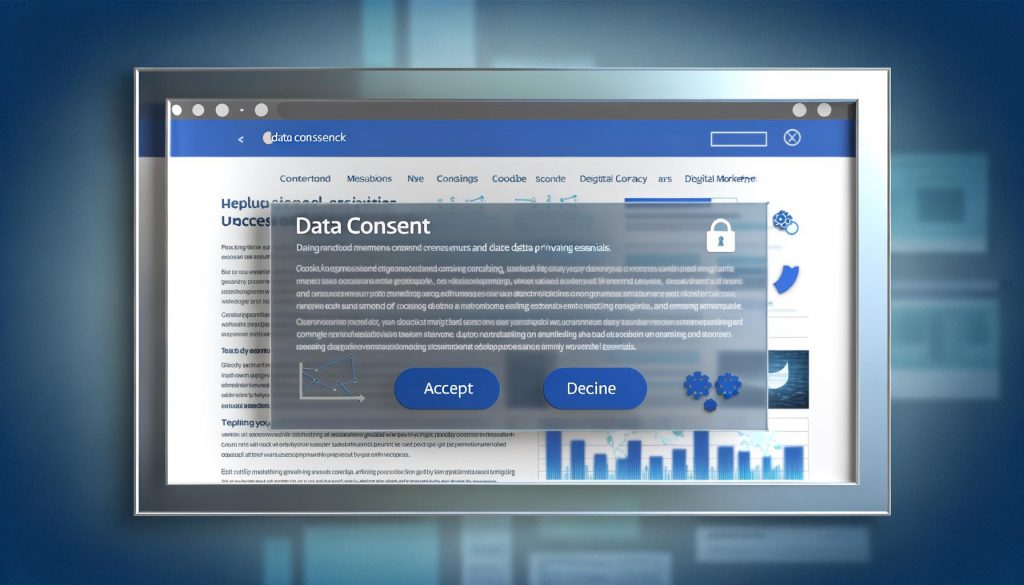 Modernes Cookie-Consent-Banner in Blau und Weiß über einer Website mit digitalen Marketing-Diagrammen, inklusive Symbolen für Cookies und Datenschutz.