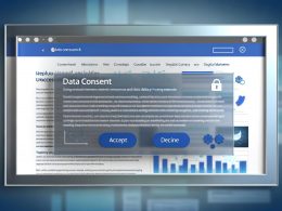 Modernes Cookie-Consent-Banner in Blau und Weiß über einer Website mit digitalen Marketing-Diagrammen, inklusive Symbolen für Cookies und Datenschutz.
