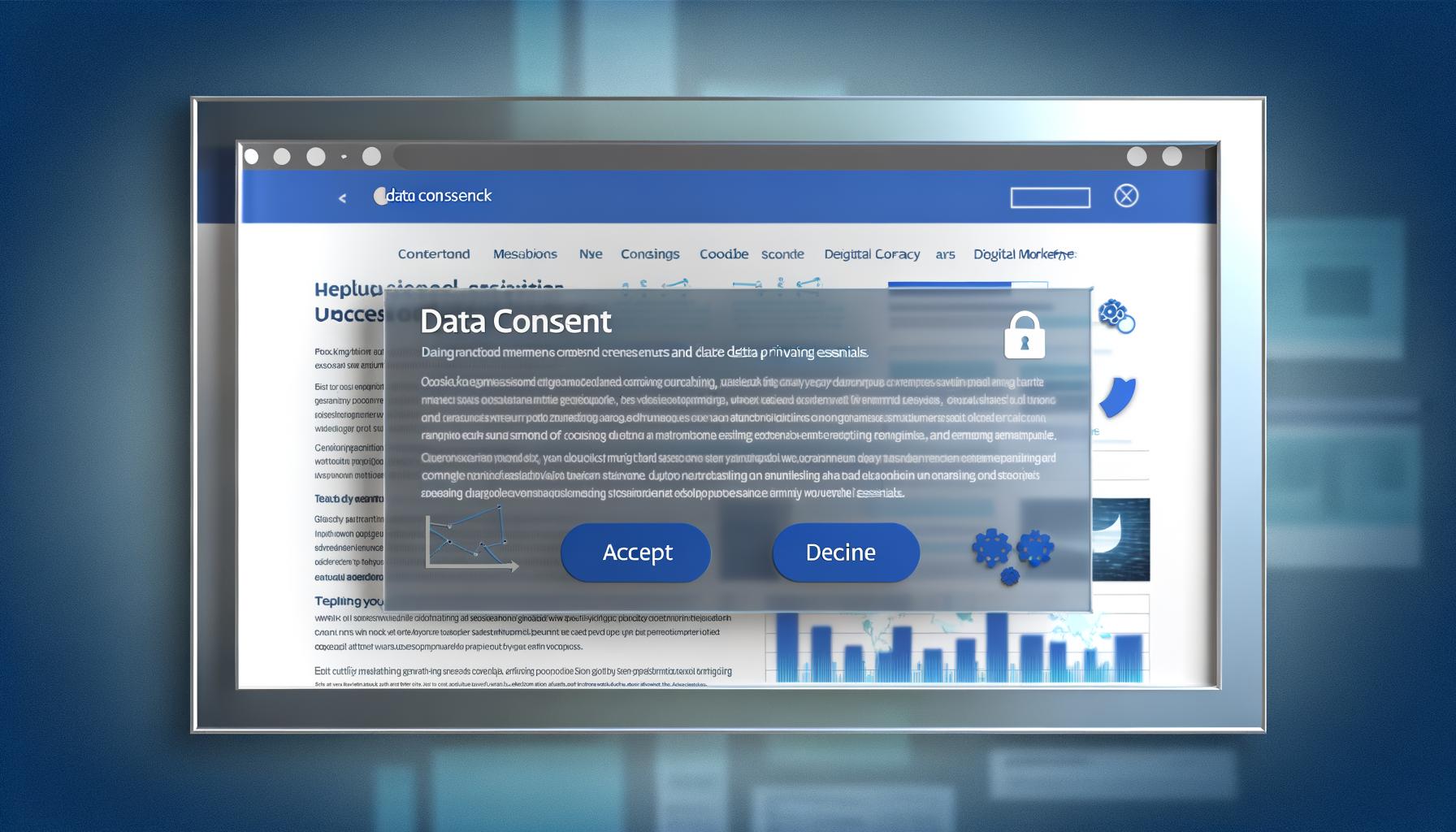 Modernes Cookie-Consent-Banner in Blau und Weiß über einer Website mit digitalen Marketing-Diagrammen, inklusive Symbolen für Cookies und Datenschutz.