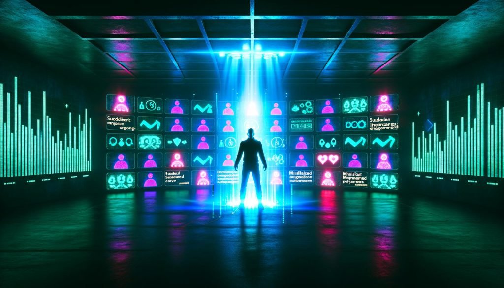 Digitale Illustration eines Menschen in einer düsteren Kommandozentrale, umgeben von leuchtenden Graphen, Algorithmen-Symbolen und auffälligen Social-Media-Icons im Cyberpunk-Stil.