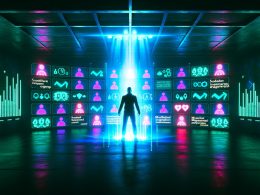 Digitale Illustration eines Menschen in einer düsteren Kommandozentrale, umgeben von leuchtenden Graphen, Algorithmen-Symbolen und auffälligen Social-Media-Icons im Cyberpunk-Stil.