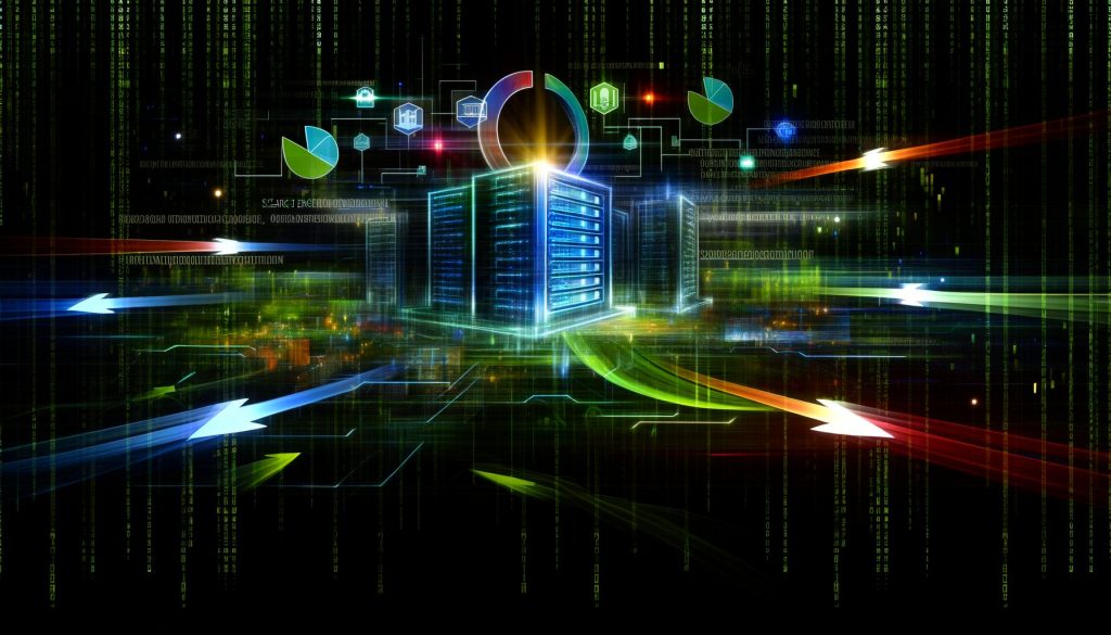 Digital inspirierte Darstellung einer Serverlandschaft mit leuchtenden Datenströmen, großem Load Balancer in der Mitte und Cyberpunk-Elementen im Hintergrund.