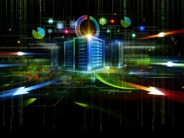 Digital inspirierte Darstellung einer Serverlandschaft mit leuchtenden Datenströmen, großem Load Balancer in der Mitte und Cyberpunk-Elementen im Hintergrund.