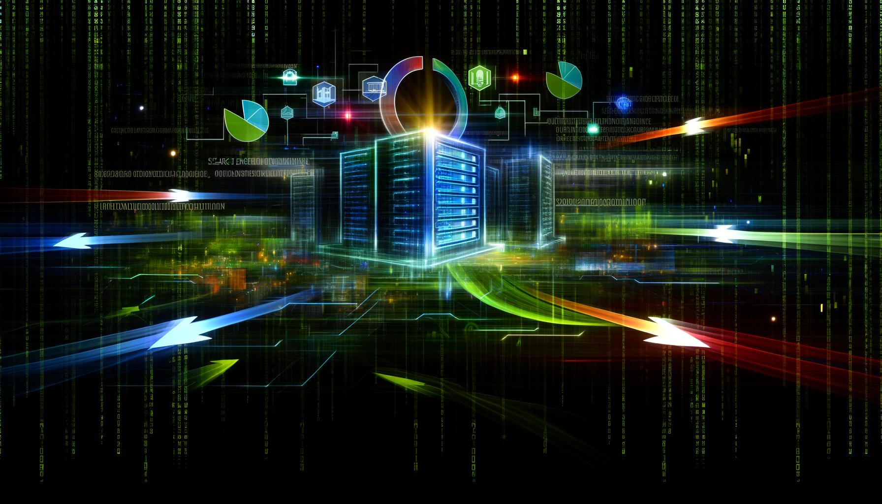 Digital inspirierte Darstellung einer Serverlandschaft mit leuchtenden Datenströmen, großem Load Balancer in der Mitte und Cyberpunk-Elementen im Hintergrund.