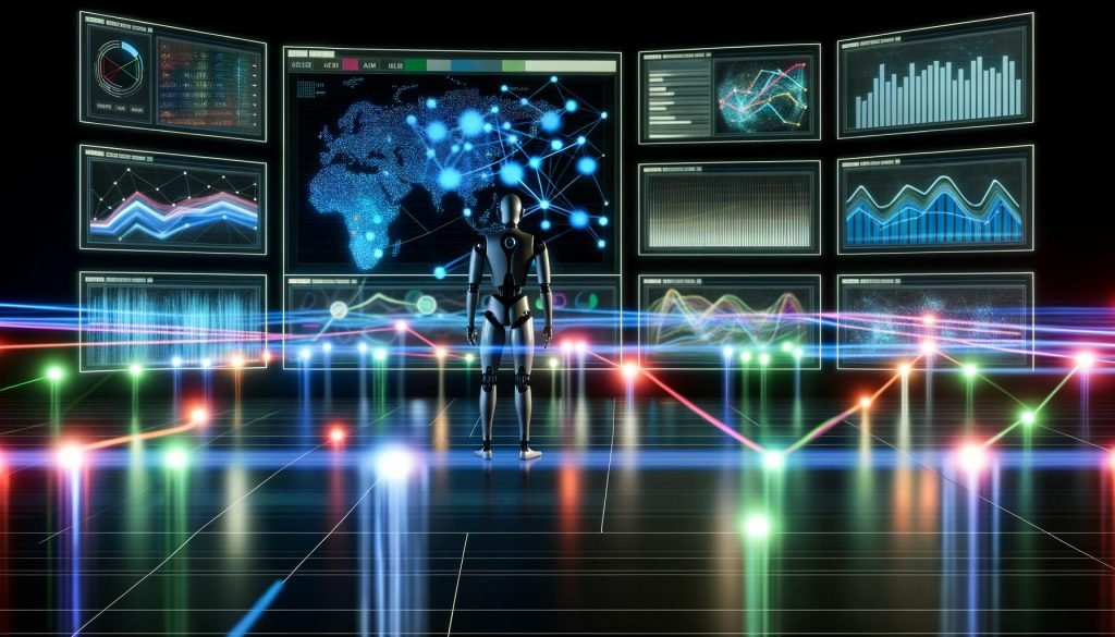 Futuristische, dunkle Kommandozentrale mit humanoidem Roboter vor leuchtenden Bildschirmen, die bunte Social-Media-Daten und Engagement-Statistiken visualisieren.