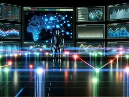 Futuristische, dunkle Kommandozentrale mit humanoidem Roboter vor leuchtenden Bildschirmen, die bunte Social-Media-Daten und Engagement-Statistiken visualisieren.