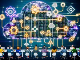 Futuristische Darstellung moderner Cloud Native Workflows mit Kubernetes, CI/CD, Microservices, GitOps und Entwicklern vor digitalen Dashboards. Im Hintergrund ein verblasster On-Premise-Server als Symbol für den Übergang von Legacy-Systemen zur Cloud.