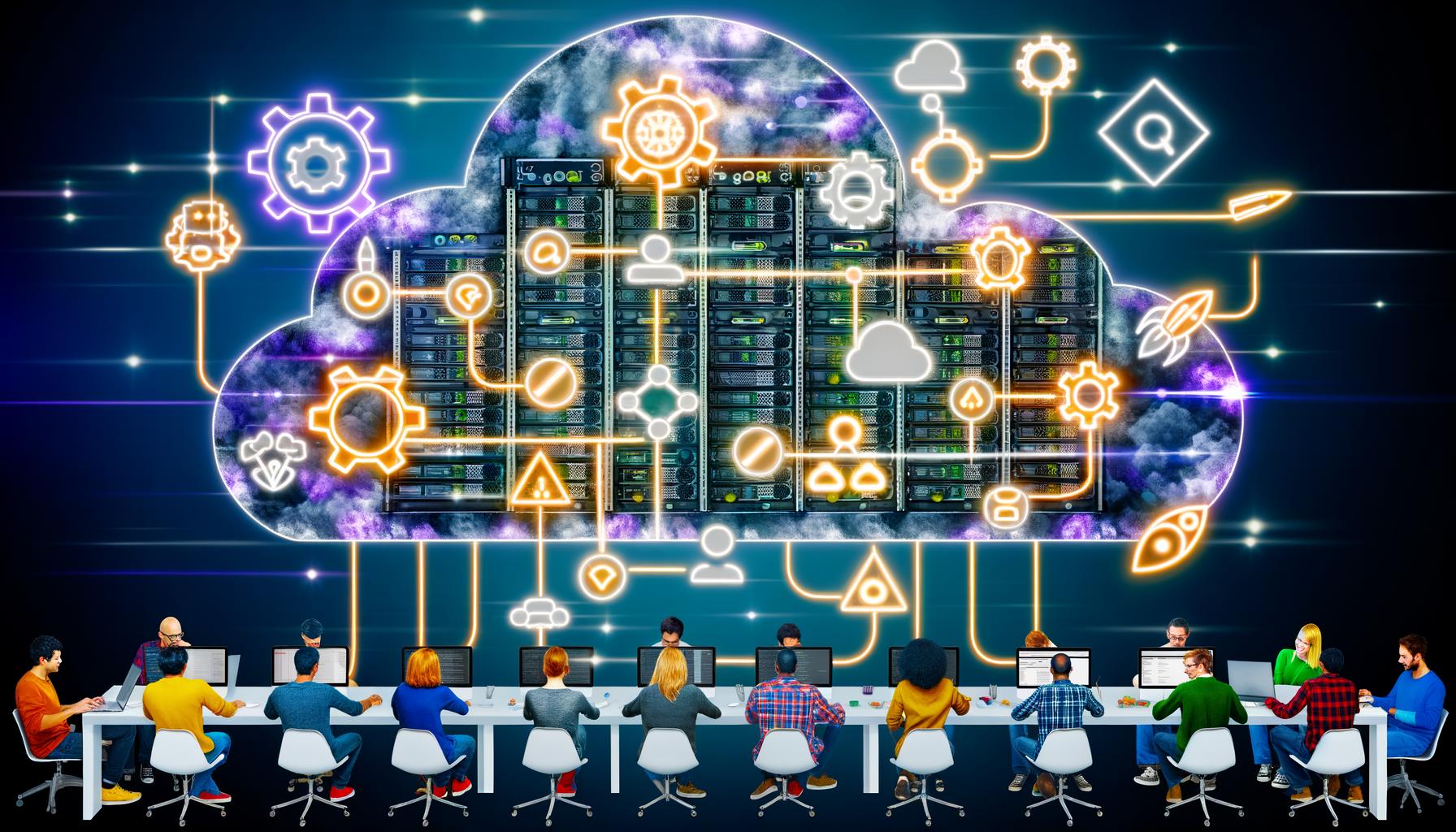 Futuristische Darstellung moderner Cloud Native Workflows mit Kubernetes, CI/CD, Microservices, GitOps und Entwicklern vor digitalen Dashboards. Im Hintergrund ein verblasster On-Premise-Server als Symbol für den Übergang von Legacy-Systemen zur Cloud.