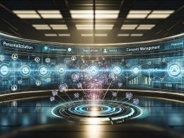 Futuristischer Kontrollraum mit digitalen Dashboards, holografischen Diagrammen und vernetzten Kundendatenströmen, die aus verschiedenen Endgeräten zusammenfließen und sich in einem zentralen Kundenprofil bündeln.