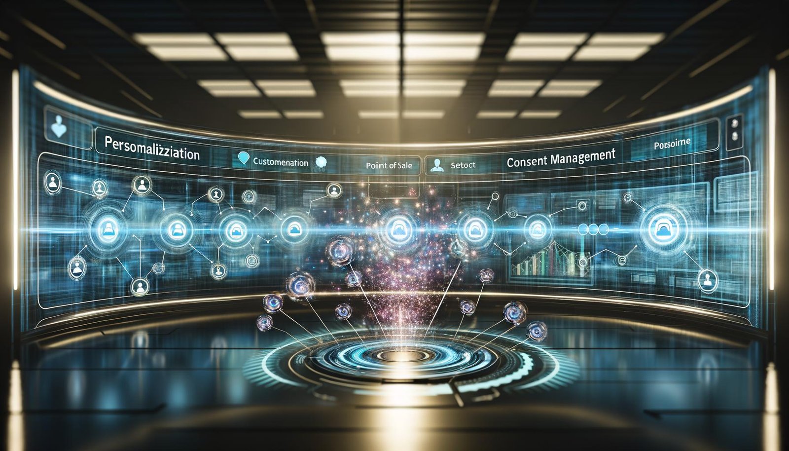 Futuristischer Kontrollraum mit digitalen Dashboards, holografischen Diagrammen und vernetzten Kundendatenströmen, die aus verschiedenen Endgeräten zusammenfließen und sich in einem zentralen Kundenprofil bündeln.