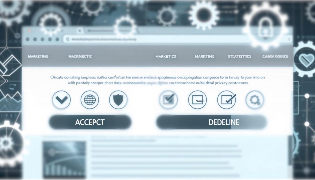 Stilvolles Cookie-Consent-Banner über einer modernen, leicht unscharfen Website-Startseite mit hervorgehobenen Auswahlmöglichkeiten für Datenschutz und Nutzungszwecke.