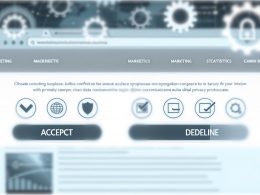 Stilvolles Cookie-Consent-Banner über einer modernen, leicht unscharfen Website-Startseite mit hervorgehobenen Auswahlmöglichkeiten für Datenschutz und Nutzungszwecke.