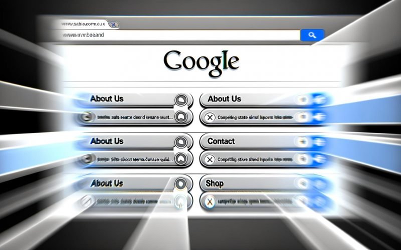 Stilisierte Google-Suchergebnisseite mit hervorgehobenem Markeneintrag, sechs Sitelinks und sichtbaren Meta-Beschreibungen, modernes Design, verschobene Konkurrenz-Ergebnisse und Icons zur Wirkung auf CTR.