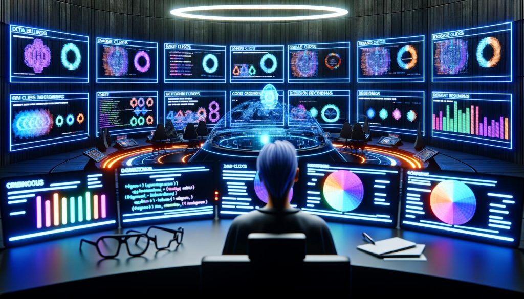 Digital Marketer sitzt an futuristischem Arbeitsplatz mit riesigen, holographischen Dashboards, Analysen, Heatmaps und leuchtenden Datenströmen in einem Hightech-Control-Room.