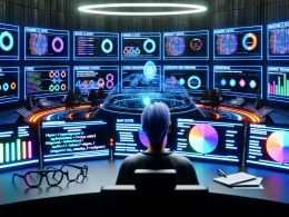 Digital Marketer sitzt an futuristischem Arbeitsplatz mit riesigen, holographischen Dashboards, Analysen, Heatmaps und leuchtenden Datenströmen in einem Hightech-Control-Room.