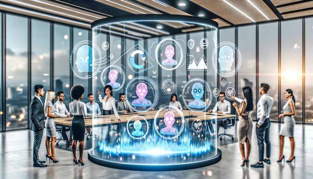 Modernes Büro mit Marketing-Team vor schwebenden Hologramm-Displays, die Datenströme, Nutzer-Feedback, bunte Stimmungsanalysen und KI-Symbole zeigen.