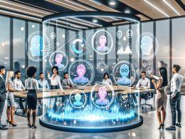 Modernes Büro mit Marketing-Team vor schwebenden Hologramm-Displays, die Datenströme, Nutzer-Feedback, bunte Stimmungsanalysen und KI-Symbole zeigen.