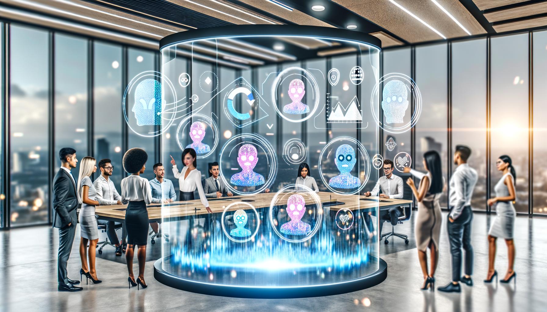 Modernes Büro mit Marketing-Team vor schwebenden Hologramm-Displays, die Datenströme, Nutzer-Feedback, bunte Stimmungsanalysen und KI-Symbole zeigen.