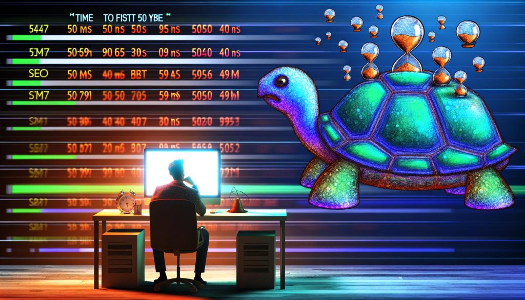 Digitale Illustration eines genervten Nutzers an einem Schreibtisch mit langsam ladender Webseite, Stundeglas- und Lade-Icons, sowie einem Server-Schildkröte im Hintergrund, die die Probleme langsamer Server-Antwort verdeutlicht.