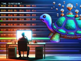 Digitale Illustration eines genervten Nutzers an einem Schreibtisch mit langsam ladender Webseite, Stundeglas- und Lade-Icons, sowie einem Server-Schildkröte im Hintergrund, die die Probleme langsamer Server-Antwort verdeutlicht.