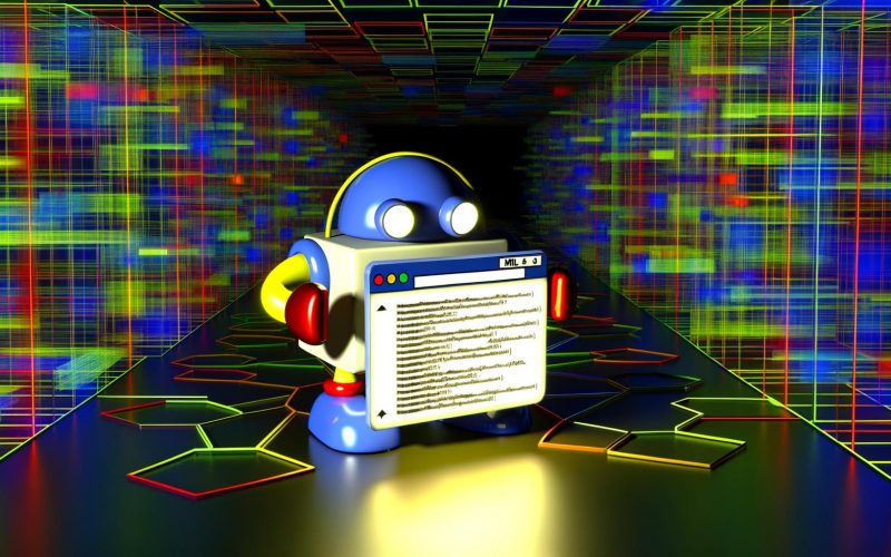 Stilisierter Roboter in Google-Farben hält leuchtende XML-Sitemap mit markierten URLs vor verschwommenem Hintergrund aus komplexen Webseiten-Elementen