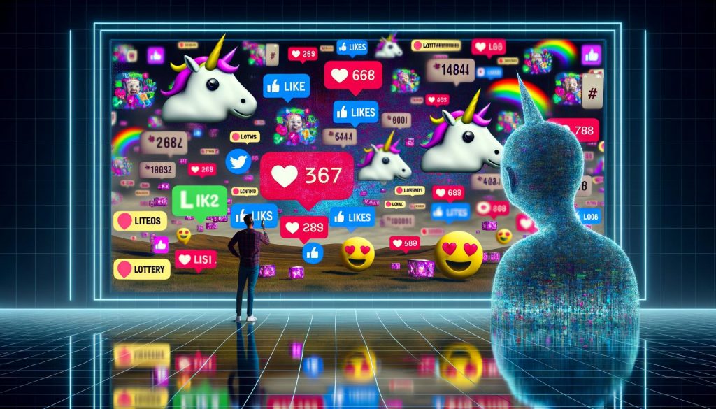 Futuristisches Kontrollzentrum mit riesigen Bildschirmen voller Emojis, Likes, Hashtags und einem Social-Media-Manager, beobachtet von düsteren Algorithmus-Figuren.