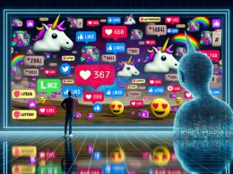 Futuristisches Kontrollzentrum mit riesigen Bildschirmen voller Emojis, Likes, Hashtags und einem Social-Media-Manager, beobachtet von düsteren Algorithmus-Figuren.