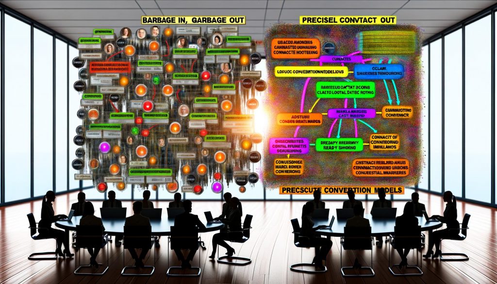 Moderne Marketing-Profis analysieren Daten auf Dashboards neben einem KI-gesteuerten neuronalen Netzwerk, das verschiedene Datenströme verarbeitet. Zentrale Visualisierung eines mehrstufigen Kontaktstufenmodells mit Fokus auf präzise Conversion-Insights im Gegensatz zu alten, ungenauen Daten.