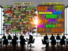 Moderne Marketing-Profis analysieren Daten auf Dashboards neben einem KI-gesteuerten neuronalen Netzwerk, das verschiedene Datenströme verarbeitet. Zentrale Visualisierung eines mehrstufigen Kontaktstufenmodells mit Fokus auf präzise Conversion-Insights im Gegensatz zu alten, ungenauen Daten.
