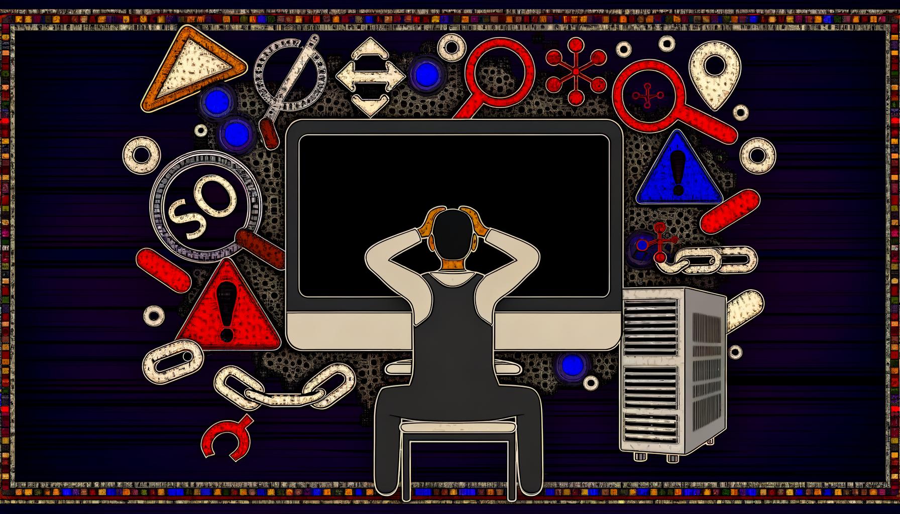 Illustration einer enttäuschten Person vor einem nicht funktionierenden Computer mit Symbolen für SEO, Google-Rankings, Warnzeichen und defekten Ketten, die auf technische Probleme einer Website hinweisen.