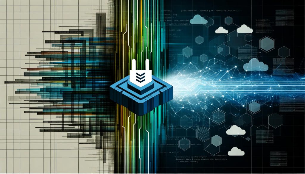 Abstraktes Titelbild mit digitaler Brücke aus hellen Linien, die zwei IT-Systeme über leuchtende Datenströme, Steckersymbol, Codezeilen und Cloud-Icons verbindet.