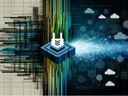 Abstraktes Titelbild mit digitaler Brücke aus hellen Linien, die zwei IT-Systeme über leuchtende Datenströme, Steckersymbol, Codezeilen und Cloud-Icons verbindet.